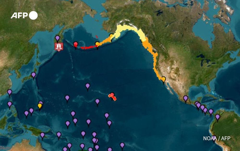 An image from the National Oceanic and Atmospheric Administration's (NOAA) Tsunami Warning System shows tsunami warnings (red), advisories (orange) watches (yellow) and threats (purple) after an 8.7 earthquake hit off of Russia's far east on July 30, 2025