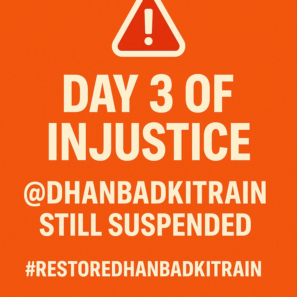 Jharkhand Rail Users (@jharkhandrail) on Twitter photo ЁЯЪи Day 3 of injustice. <a href="/DhanbadKiTrain/">Dhanbad Ki Train</a> still suspended.
<a href="/X/">X</a> <a href="/XCorpIndia/">X India</a> silenced a citizensтАЩ voice - not for hate, not for misinformation - but for demanding fair treatment for JharkhandтАЩs rail users.
Why was it suspended?
ЁЯЫС It questioned regional bias in <a href="/RailMinIndia/">Ministry of Railways</a> ЁЯЪи Day 3 of injustice. <a href="/DhanbadKiTrain/">Dhanbad Ki Train</a> still suspended.
<a href="/X/">X</a> <a href="/XCorpIndia/">X India</a> silenced a citizensтАЩ voice - not for hate, not for misinformation - but for demanding fair treatment for JharkhandтАЩs rail users.
Why was it suspended?
ЁЯЫС It questioned regional bias in <a href="/RailMinIndia/">Ministry of Railways</a>