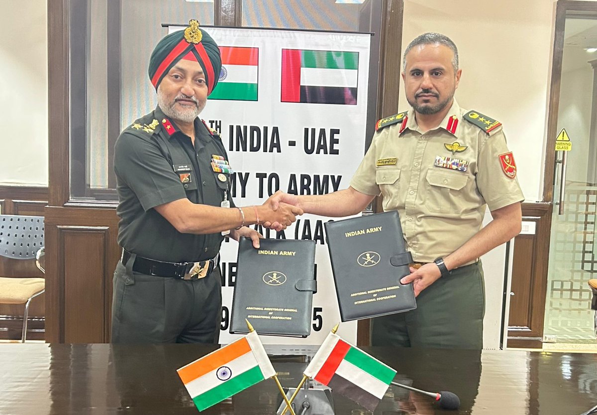 airnewsalerts's tweet photo. #DefenceCoperation
🇮🇳🤝🇦🇪
#IndianArmy and #UAE Land Forces held the 4th Army-to-Army Staff Talks yesterday in #NewDelhi. The discussions focused on deepening bilateral cooperation through joint exercises, expert-level exchanges and expanded training collaboration across diverse domains. New avenues for partnership in Explosive Ordnance Disposal (EOD), Urban Warfare and Unmanned Ground & Aerial Systems were also explored, reaffirming the commitment to shared security objectives and capability enhancement.
#IndiaUAEFriendship
@MEAIndia @DefenceMinIndia @SpokespersonMoD @PIB_India @modgovae