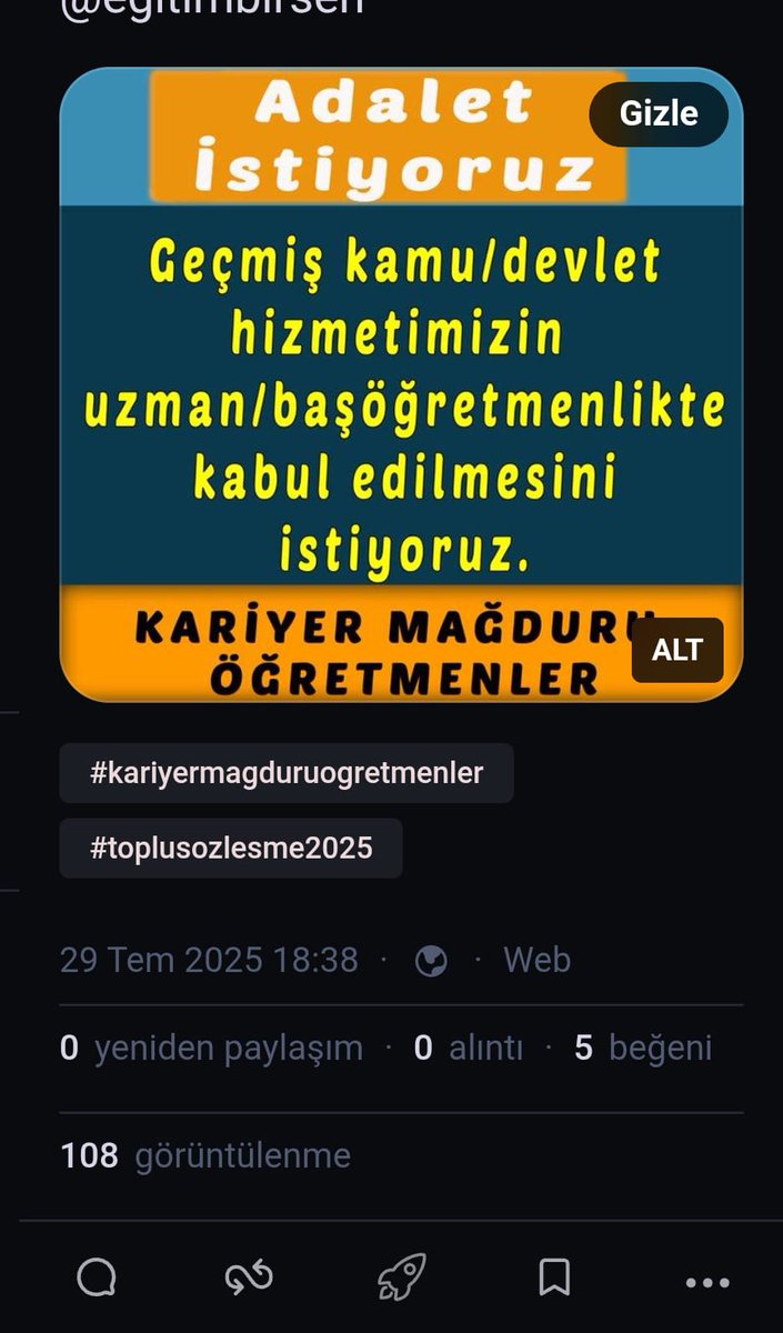 <a href="/_aliyalcin_/">Ali YALÇIN</a> Başkanım #KariyerMağduruÖğretmenler olarak eski kurumlarımızda çalıştığımız sürelerin Uzman/Başöğretmenlik surelerinden sayılmasını talep ediyoruz. Toplu sözleşme maddeleri görüşülürken lütfen bizi de hatırlayın