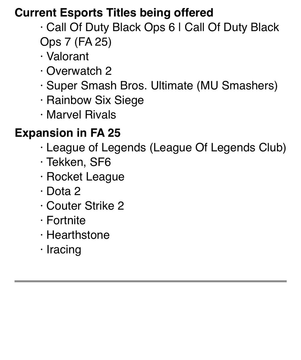 Niko “Professor” Para (@paraylxsis) on Twitter photo If you are interested in getting your degree and playing for an esports program get in touch with me or <a href="/EsportsTrapp/">Kyle Trapp</a>
Below are all the titles we are offering in the Fall! Forms will be posted soon to fill out! If you are interested in getting your degree and playing for an esports program get in touch with me or <a href="/EsportsTrapp/">Kyle Trapp</a>
Below are all the titles we are offering in the Fall! Forms will be posted soon to fill out!