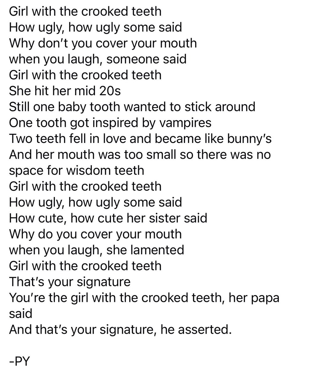 PragathiY's tweet image. Beauty lies in the eyes of the beholder. 
You’ll never be good enough for a world busy finding faults in others.
What truly matters is what’s inside, not what’s on the surface.

🌷Here’s a poem about a girl with the crooked teeth.

#Poetry #Poem #SelfAcceptance #InnerBeauty