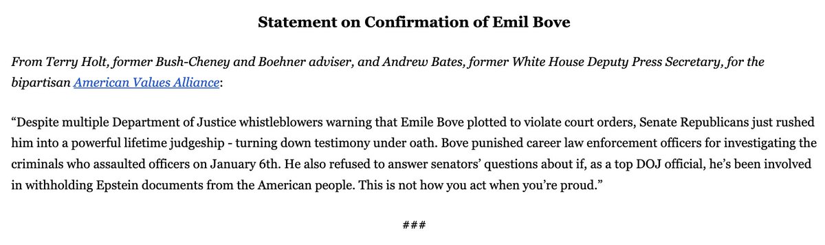 valuesally's tweet photo. .@terrydholt &amp; @AndrewBatesNC: Despite "whistleblowers warning that Emile Bove plotted to violate court orders" and he "refused to answer senators’ questions about if...he’s been involved in withholding Epstein documents," the @SenateGOP's  rushing him into a lifetime judgeship. https://t.co/7HviY6oQNF