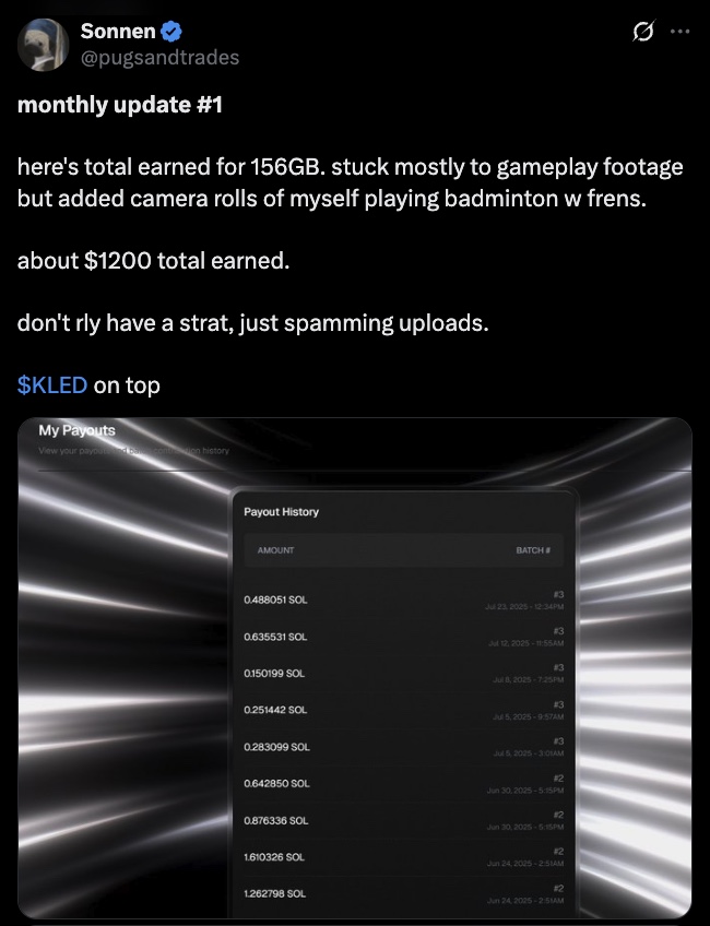 mrgintel's tweet photo. KLED Research Update - Continued Execution, PMF Validated, Partnership(s) Closed

Founder @avipat_ continues to execute, and based on his frequent updates, $KLED has validated product-market fit on both enterprise and consumer sides, transforming from speculative thesis to proven revenue model. Significantly undervalued at $8M currently. Updated targets: $50M-$100M near-term.

1. Enterprise PMF Validation - Dual Revenue Streams

Revenue Stream 1: Data Brokerage (Established)
> Sub-licensing existing content from data rights holders (e.g. production companies) to AI labs
> 50-50 revenue share model with content owners
> 7-figure revenue already achieved from brokering large-scale content libraries. Currently profitable from this brokerage business alone

Revenue Stream 2: Consumer-Generated Marketplace (Growing)
> Former Google NotebookLM team at @gethuxe  as first pilot customer for consumer-uploaded data with co-founder @jayspiel_  leading integration
> "Billion-dollar AI lab user in final stages" for marketplace data access – potentially an OpenAI / Google DeepMind / Anthropic type lab

Strategic Advantage: Stream 1 provides immediate cash flow and enterprise relationships, while Stream 2 (the core marketplace thesis) scales with unique human-contextualized data that competitors cannot replicate.

This validates our core Context Revolution thesis - AI companies are paying premium for human-contextualized data that models cannot generate independently.

2. Consumer PMF with Sustainable Unit Economics

Growing User Base with Real Payouts:
> 100-500 daily signups with a 1M user target by end of year
> $100K+ in total already paid to users from first batches, funded by enterprise revenue. Batch 4 will be the first six figure pay-out
> 16TB+ of data uploaded with users earning hundreds of dollars for quality content
> 150+ large content creators consistently uploading, treating KLED as legitimate income source

Sustainable Economics:
> Enterprise revenue funds user payments     - not dependent on speculative trading volume
> Consumer app takes <10% of revenue     vs. 50-50 enterprise split; mix ensures sustainable margins
> Quality-driven payouts  based on resolution, content type, and enterprise demand

KLED has solved the chicken-and-egg problem by securing enterprise demand first, then using that revenue to bootstrap consumer adoption.

3. Evolution into Full Stack Data Infra Platform
Platform Evolution Beyond Marketplace:

> APIs/SDKs launched with 20+ projects requesting integration
> Enterprise Portal enabling direct AI company access to datasets
> Auto-integrations with YouTube, Instagram, Twitch for frictionless content flow
> Special Tasks Terminal for custom enterprise data requests
> Other projects are already beginning to build on KLED’s ecosystem, including @taskrushai which is focused on data labeling.

KLED is positioning to become the underlying infrastructure for the entire AI training data economy, not just a marketplace provider. The market has not recognized KLED’s potential as the leader of a full fledged data ecosystem, with value capture back to the infra layer (e.g. Virtuals playbook).

4. KLED Flywheel Imminent

Batch 4 will be the first batch of users to be paid in $KLED token for uploading their data to fulfill enterprise contracts. This will be the first six figure payout (100k+) paid to users.

> Step 1 - KLED Buys from Open Market: Platform uses enterprise revenue to purchase $KLED tokens from the open market. This creates immediate buy pressure and price support
> Step 2 - Users Receive $KLED as Rewards: Instead of cash payouts, users get $KLED tokens for their data uploads. Users now have direct token exposure and incentive for platform success, creating a community of token holders who are also active platform participants
> Step 3 - Sell Pressure Triggers Deflationary Mechanism: When users sell their $KLED rewards, the sell fee (exact % fee TBD) kicks in. Sell fees fund treasury buybacks / burns. As a result, selling pressure ironically strengthens the tokenomics through deflation
> Step 4 - The Loop Begins:
More enterprise revenue → More $KLED purchases → Higher token price
Higher token price → increased user rewards, and value appreciation for existing token holders → More quality uploads
More quality uploads → Better datasets → More enterprise revenue
User sells → Deflationary pressure → Reduced supply → Higher price for remaining holders

Investment Recommendation

Strong Buy/Increase Position: Product-market fit achieved on both sides of the marketplace with sustainable unit economics and clear path to ecosystem and mindshare dominance.

Key Catalysts:
> Major AI lab partnership announcement     (currently in "final stages")
> Additional enterprise contract announcements
> 1M user milestone progress updates
> Viral marketing campaign (3 trailers, 200 creators, 250k budget) expected to begin soon, led by @PJaccetturo 

The Context Revolution thesis remains in place. KLED is not just a speculative bet on future AI data needs - it's a profitable business with proven enterprise demand and a scaling consumer base.