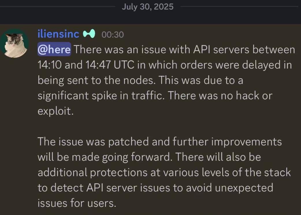 🐸ALTCOINS: Hyperliquid: il problema API causato da un incremento del traffico, non da attacchi hacker
