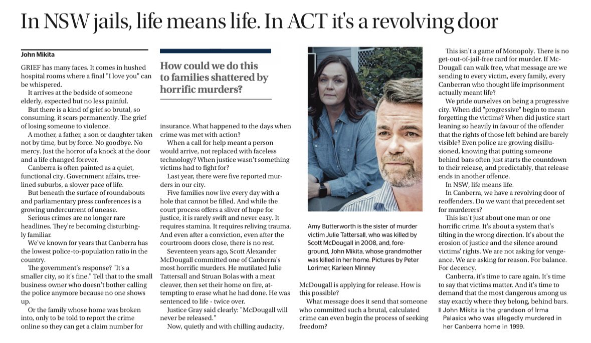 Elizabeth Lee MLA (@elizabethleemla) on Twitter photo “This isn’t a game of monopoly. There is no get out of jail free card for murder.”
John Mikita is a staunch advocate for community safety and victims rights.
Read his heart wrenching piece in yesterday’s <a href="/canberratimes/">Canberra Times</a>👇🏼 “This isn’t a game of monopoly. There is no get out of jail free card for murder.”
John Mikita is a staunch advocate for community safety and victims rights.
Read his heart wrenching piece in yesterday’s <a href="/canberratimes/">Canberra Times</a>👇🏼