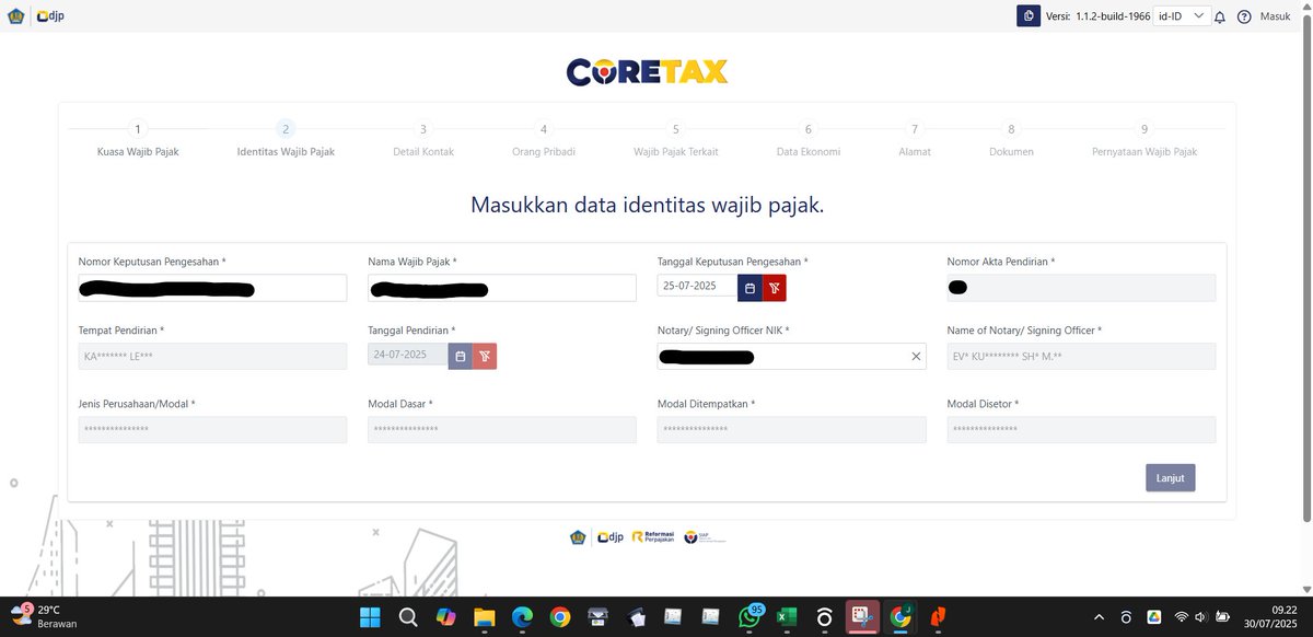 Rismalnd's tweet photo. @kring_pajak Halo kak, saya ingin daftar NPWP Badan, namun tidak bisa klik "lanjut" ke step ke-2, padahal semua sudah valid, Apakah saat ini Coretax error?
Saya sudah clear cache, menggunakan browser lain, dan browser incognito.
-Tks https://t.co/8bZlLHjHwN