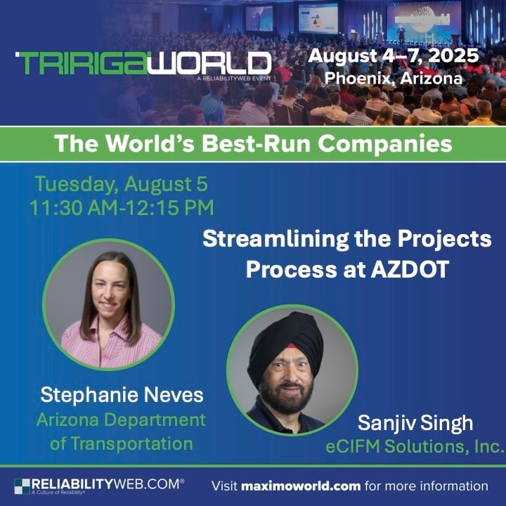 eCIFM_Solutions's tweet image. 🚨 TRIRIGAWorld Alert!

AZDOT is transforming project workflows—see how with Sanjiv Singh (eCIFM) &amp;amp; Stephanie Neves (AZDOT).

📅 Aug 5 | 🕦 11:30 AM
#TRIRIGA #GovTech #MaximoWorld #ProjectManagement

Details: hubs.li/Q03zs3N00