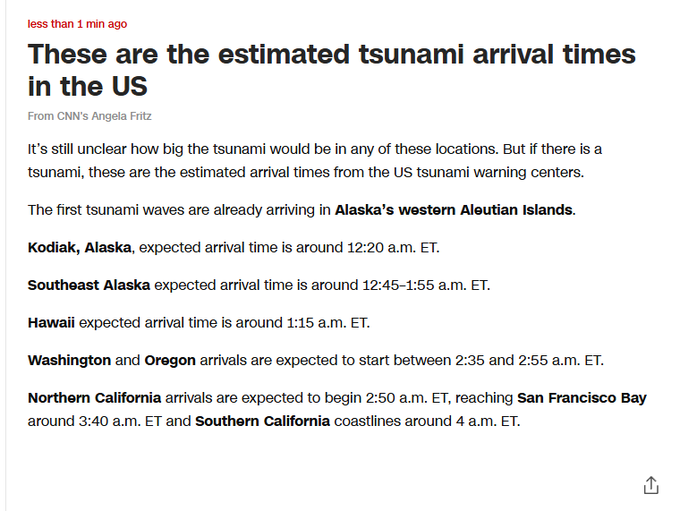 GlobalUpdates7's tweet photo. Estimated arrival times from U.S. tsunami warning centers
#TsunamiAlert #TsunamiWarning #Tsunami2025
#USWestCoast #AlaskaTsunami #HawaiiAlert
#CaliforniaTsunami #earthquake #AmericaFirst https://t.co/yjcjWM71f4