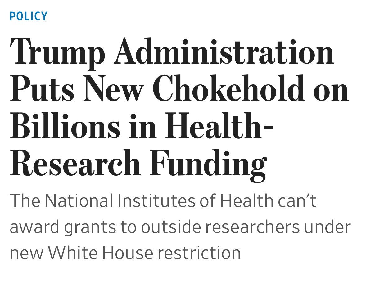 The Trump admin just blocked $15 billion in NIH funding. 

A footnote from OMB Director bars NIH from awarding new/renewing grant for the rest of the fiscal year. 

The implications are beyond profound and will impact nearly every facet of the US biomedical research system