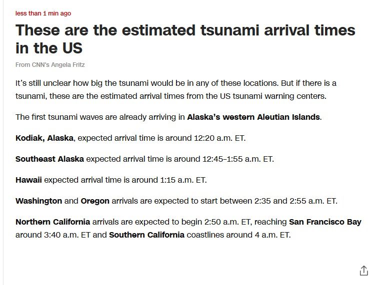 🚨🇺🇸 TSUNAMI ARRIVAL TIMES ACROSS THE U.S. AFTER RUSSIAN QUAKE

First waves are hitting Alaska’s western Aleutian Islands. 

Kodiak is next at 12:20 a.m. ET. 

Southeast Alaska follows between 12:45 and 1:55 a.m. ET. 

Hawaii is set for 1:15 a.m. ET. 

Washington state and Oregon