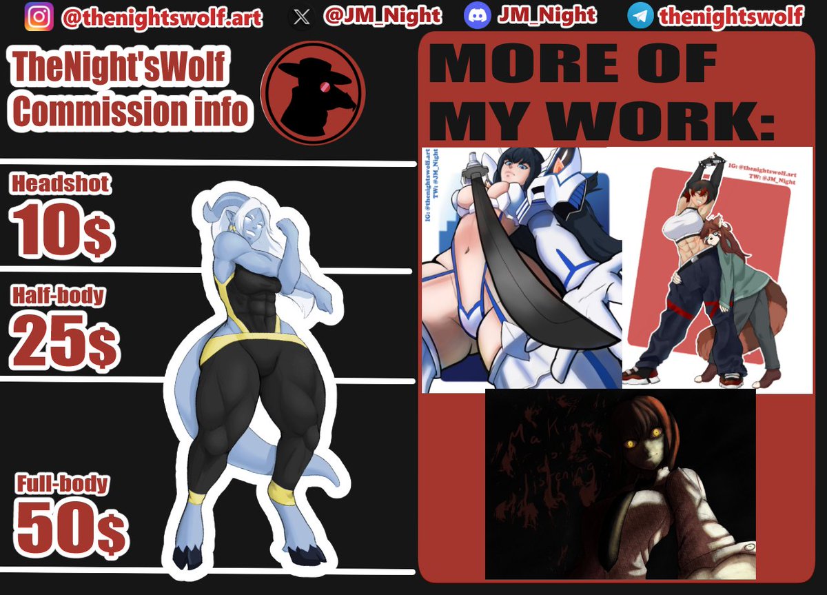 JM_Night's tweet image. COMMISSIONS UPDATE!  

I figured it was time for an update to my commissions info and prices, so here it is. All prices have been reduced and now I also offer stickers for both Discord and Telegram.

All my contact information is found in the attached images!