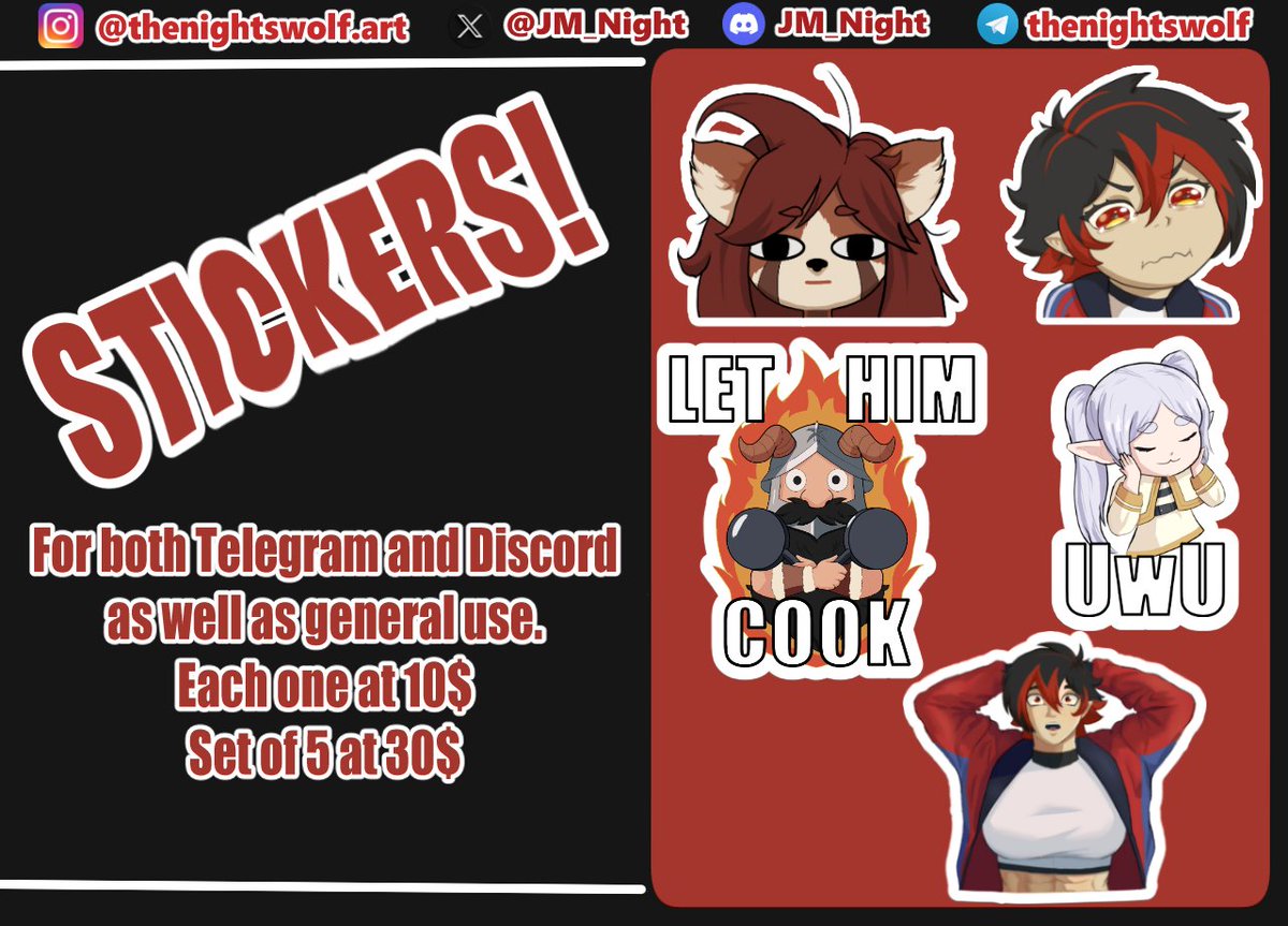 JM_Night's tweet image. COMMISSIONS UPDATE!  

I figured it was time for an update to my commissions info and prices, so here it is. All prices have been reduced and now I also offer stickers for both Discord and Telegram.

All my contact information is found in the attached images!