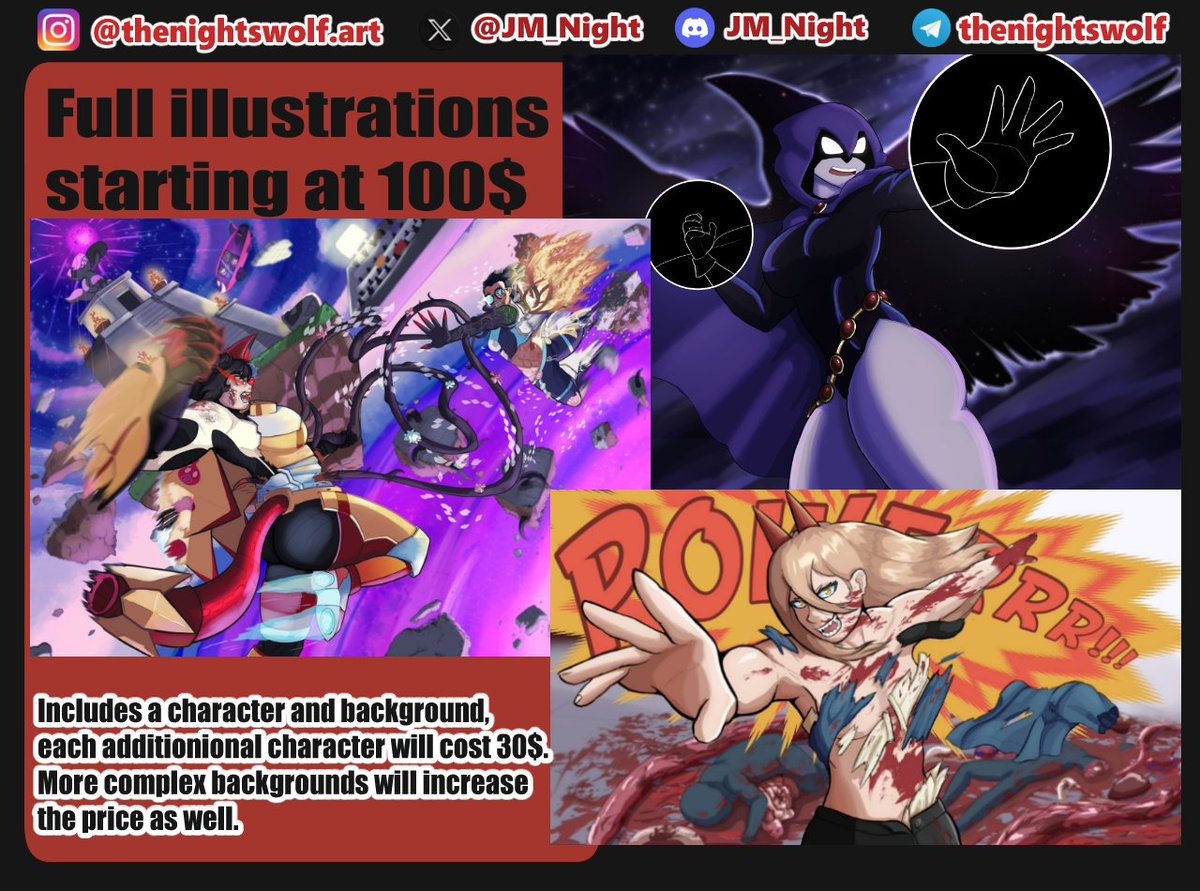 JM_Night's tweet image. COMMISSIONS UPDATE!  

I figured it was time for an update to my commissions info and prices, so here it is. All prices have been reduced and now I also offer stickers for both Discord and Telegram.

All my contact information is found in the attached images!