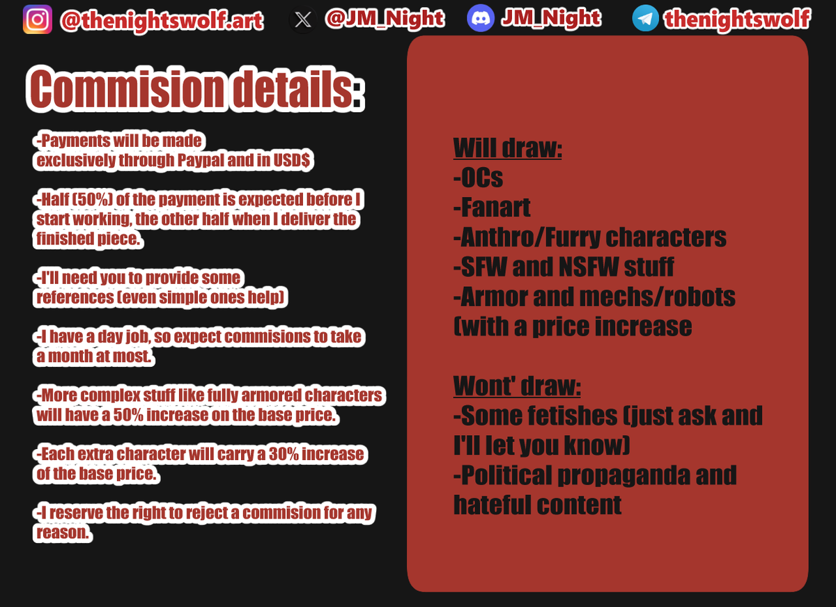 JM_Night's tweet image. COMMISSIONS UPDATE!  

I figured it was time for an update to my commissions info and prices, so here it is. All prices have been reduced and now I also offer stickers for both Discord and Telegram.

All my contact information is found in the attached images!