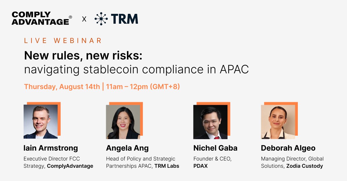 ComplyAdvantage (@complyadvantage) on Twitter photo 🔒 Stablecoin regulations are shifting rapidly across APAC.
Join us on 14 August (11 AM SGT) to discover how to build a resilient #AML program and stay audit-ready in this dynamic digital asset environment.
👉 Reserve your spot now: okt.to/FBNs4G 🔒 Stablecoin regulations are shifting rapidly across APAC.
Join us on 14 August (11 AM SGT) to discover how to build a resilient #AML program and stay audit-ready in this dynamic digital asset environment.
👉 Reserve your spot now: okt.to/FBNs4G