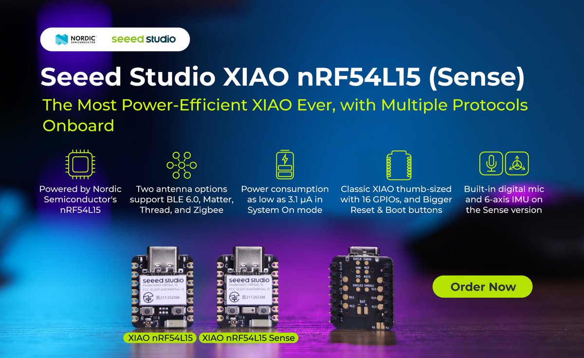 Seeed Studio (@seeedstudio) on Twitter photo 📢 Introducing Seeed Studio XIAO nRF54L15 (Sense) - our most advanced tiny dev board yet!
Powered by <a href="/NordicTweets/">Nordic Semiconductor</a> 's groundbreaking nRF54 SoC:
✨ BLE6.0, Matter, Thread, Zigbee & Sidewalk support
✨ Ultra-low power design
✨ Larger, easier-to-press buttons
✨ Built-in mic & 📢 Introducing Seeed Studio XIAO nRF54L15 (Sense) - our most advanced tiny dev board yet!
Powered by <a href="/NordicTweets/">Nordic Semiconductor</a> 's groundbreaking nRF54 SoC:
✨ BLE6.0, Matter, Thread, Zigbee & Sidewalk support
✨ Ultra-low power design
✨ Larger, easier-to-press buttons
✨ Built-in mic &