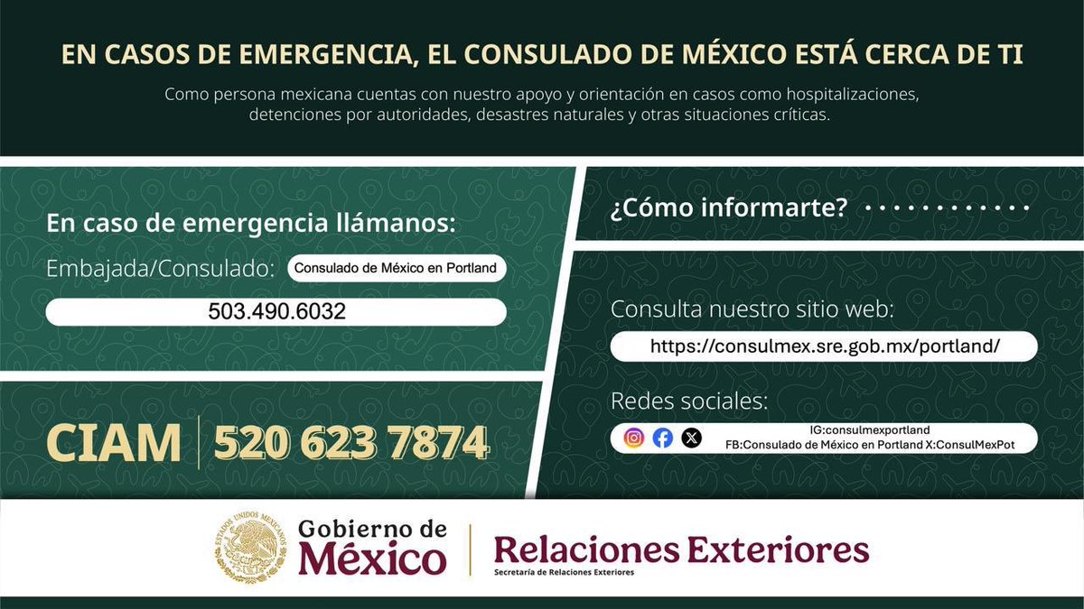 Comunidad 🇲🇽 en Oregón🚨 

El Centro Nacional de Alertas de Tsunami ha emitido una aviso sobre la posibilidad de un tsunami en Oregón.

Manténte atento a los avisos de la autoridad. No te acerques a costas o bahías.

✍️Los teléfonos del Consulado y la línea de apoyo consular:
