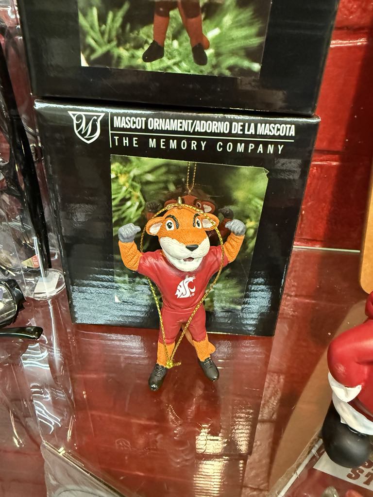 Hi Coug Fans,
New arrival today of WSU Christmas ornaments and merchandise. We will ship. Call us at 509-334-3545 for more information.