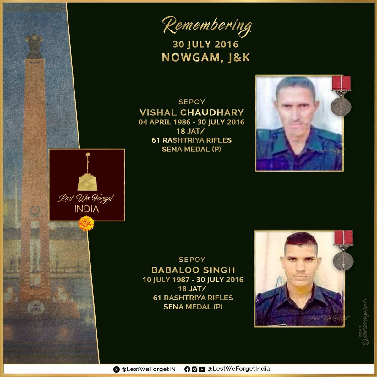 #LestWeForgetIndia🇮🇳 the supreme sacrifice of Sepoy Vishal Chaudhary &amp; Sepoy Babaloo Singh, both Sena Medal (P), 18 JAT / 61 RASHTRIYA RIFLES.   

The #IndianBraves laid down their lives defending the Line of Control in Nowgam sector, J&amp;K #OnThisDay 30 July in 2016 🏵️