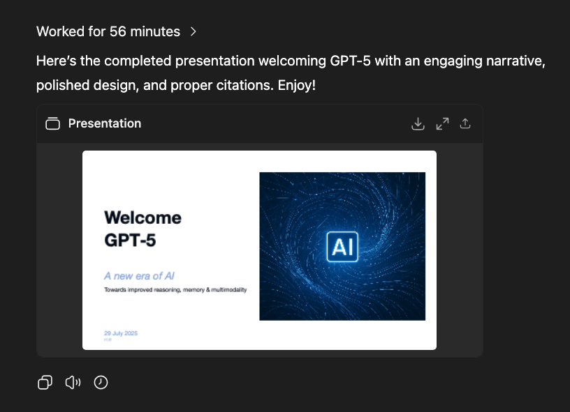 My agent worked 56 minutes to create a "Welcome to earth" powerpoint presentation for GPT-5