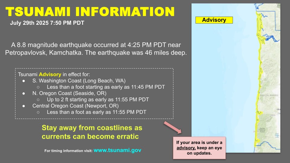 Update: A Tsunami Advisory is current in effect. 

While tempting, do not go to the coast to watch waves coming in.  Currents can be unpredictable and it will be dark out.
Tsunami Evacuation Zones:  nvs.nanoos.org/TsunamiEvac