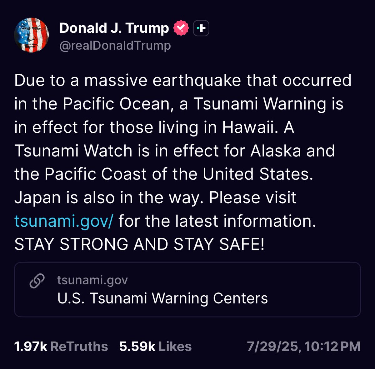 Trump’s post about the Tsunami Warning for Hawaii was at 10:12PM. (2212 MT)

Q 2212 ⛈️ ⚡️ 

[RR] attempts to stall DECLAS and/or REDACT have FAILED.
Got popcorn?
Enjoy the show.
Q