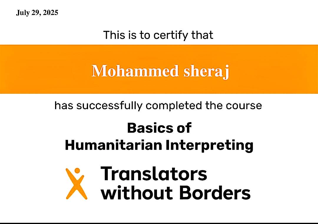 1Mohammedsiraj's tweet image. Proud to complete the Basics of Humanitarian Interpreting with @TranslatorsWB!
Language saves lives in crisis—glad to be part of the mission. 🧡💬
#HumanitarianInterpreter #RefugeeVoices #TranslatorsWithoutBorders