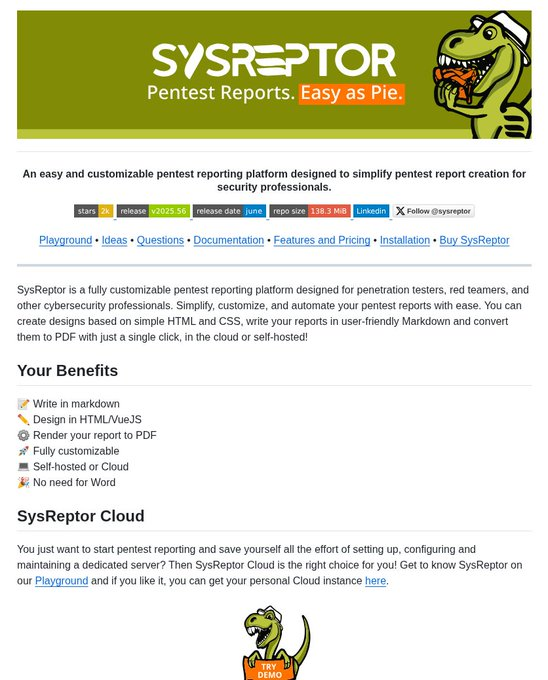 SysReptor- fully customizable pentest reporting platform designed for penetration testers, red teamers, and other cybersecurity professionals⚡📝
🔗github.com/Syslifters/sys…