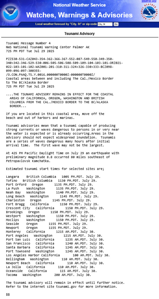 Tsunami advisory remains in effect for the coastal areas of California, Oregon, Washington, and British Columbia from the California/Mexico border to the BC/Alaska border.
