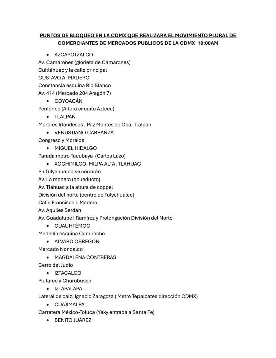 🚨 Anuncian bloqueos en CDMX este miércoles

El Movimiento Plural de Comerciantes informó que habrá protestas en distintos puntos de la capital el 30 de julio, en reclamo por afectaciones a mercados establecidos. 👇🏼
