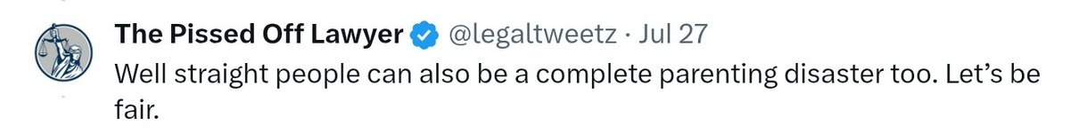 Erica Moise's <a href="/legaltweetz/">The Pissed Off Lawyer</a> response to the criticism of her posting support for this situation is that straight people can be messed up to.  This is another tweet she expresses no regret for having made.