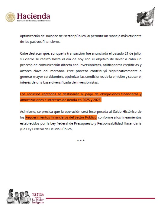 🔴 Con esta operación la deuda de México en su medida más amplia (RFSP) al mes de julio , alcanza los 18.3 billones de pesos .