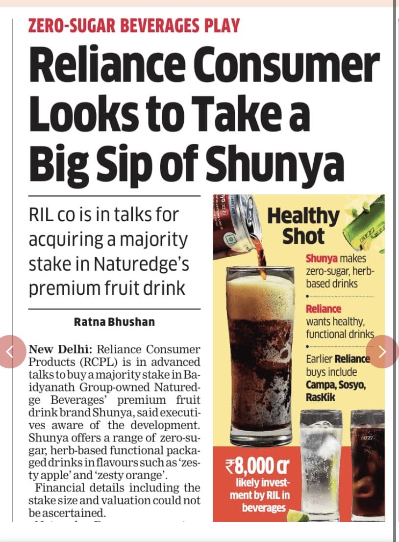 Ratna Bhushan (@ratnabhushanet) on Twitter photo #Breaking in <a href="/EconomicTimes/">Economic Times</a>
Reliance Consumer in advanced talks to buy majority stake in Baidyanath Group’s Naturedge Beverages brand Shunya.
Zero-sugar drinks are outpacing growth of sugary drinks, mirroring global trends.
Link: m.economictimes.com/industry/cons-… #Breaking in <a href="/EconomicTimes/">Economic Times</a>
Reliance Consumer in advanced talks to buy majority stake in Baidyanath Group’s Naturedge Beverages brand Shunya.
Zero-sugar drinks are outpacing growth of sugary drinks, mirroring global trends.
Link: m.economictimes.com/industry/cons-…