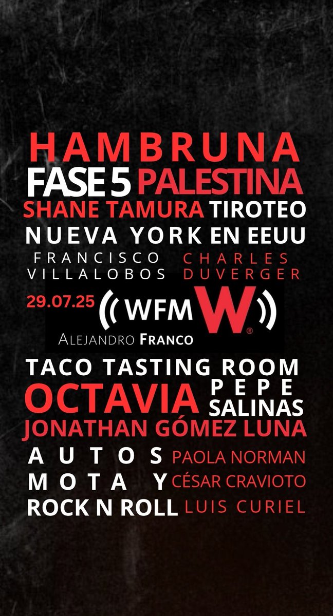 WFM con Alejandro Franco. (@wfm_wradio) on Twitter photo Martes 29 de julio en #WFMWRadio con <a href="/AlejandroFranco/">Alejandro Franco</a> y asĂ suena nuestra emisiĂłn de esta noche.
Ya al aire en Cadena Nacional y a través del sitio web de <a href="/WRADIOMexico/">W Radio México</a> .
play.wradio.com.mx Martes 29 de julio en #WFMWRadio con <a href="/AlejandroFranco/">Alejandro Franco</a> y asĂ suena nuestra emisiĂłn de esta noche.
Ya al aire en Cadena Nacional y a través del sitio web de <a href="/WRADIOMexico/">W Radio México</a> .
play.wradio.com.mx