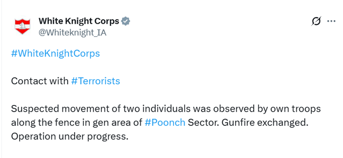 tv9gujarati's tweet photo. J&amp;K | Suspected movement of two individuals was observed by own troops along the fence in the general area of Poonch Sector. Gunfire exchanged. Operation under progress: White Knight Corps 

#JammuKashmir #PoonchSector #WhiteKnightCorps #TV9Gujarati https://t.co/Emcq3a0a9U