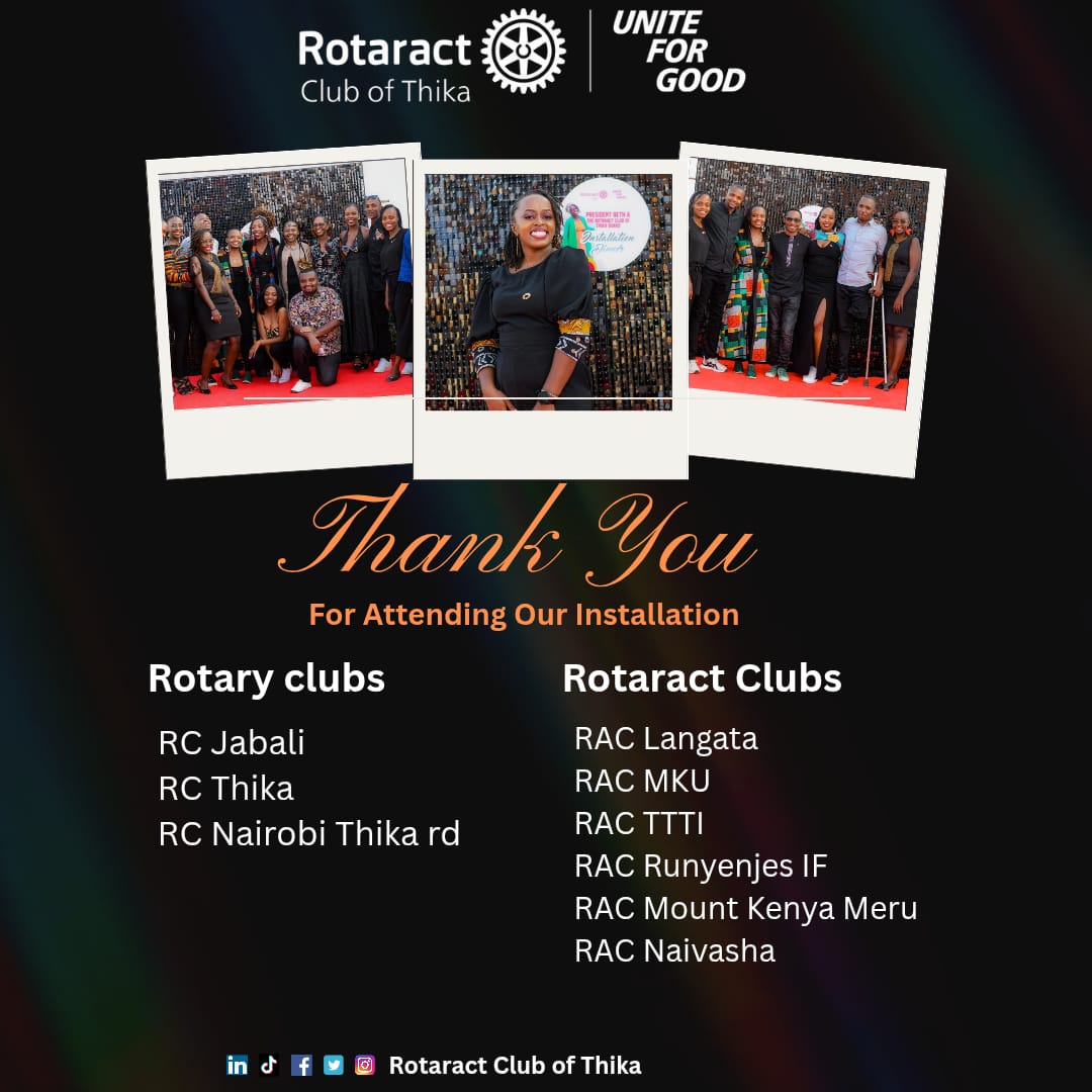 🎉💫 A heartfelt THANK YOU to everyone who joined us on Saturday for the Rotaract Club of Thika President Installation! Your presence, energy, and support made it truly unforgettable. 🙌🌟
Here’s to a year of impact, service, and unstoppable Rotaract spirit! 💙🌍 #RotaractThika