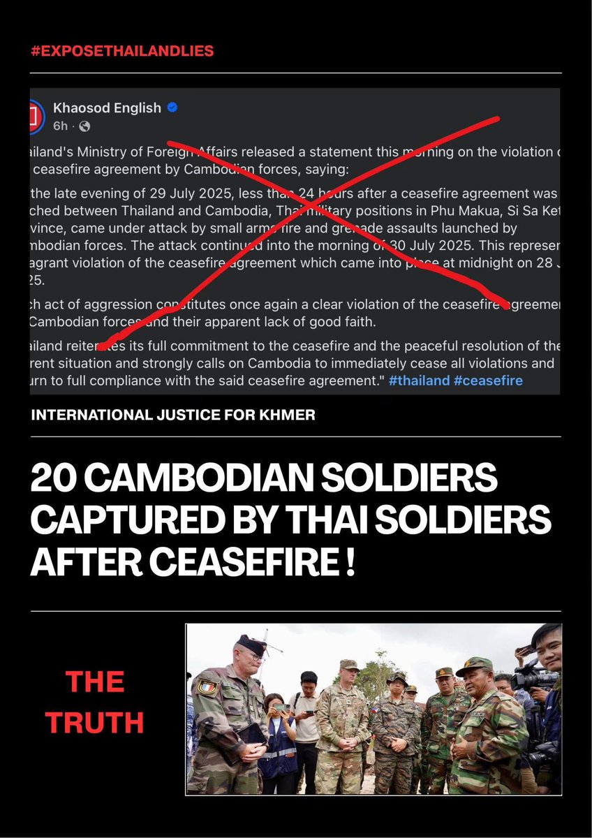 ChivyGv's tweet photo. 20 CAMBODIAN SOLDIERS CAPTURED BY THAI SOLDIERS AFTER CEASEFIRE!
#ExposeThailandLies
#JusticeForCambodia https://t.co/pV0hrZ1RcU