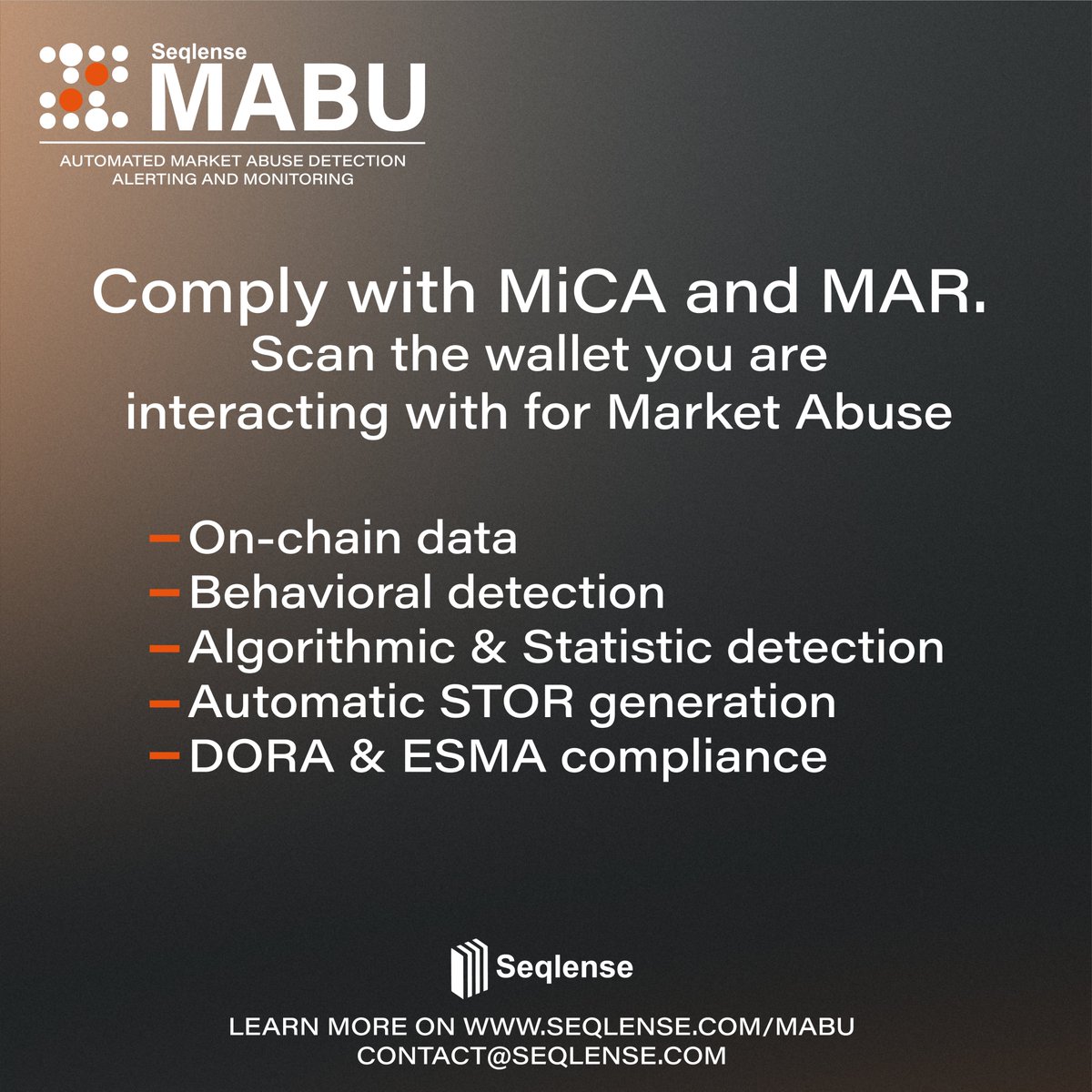 seqlense's tweet photo. 🟠 Découvrez Seqlense #MABU
La solution tout-en-un pour détecter, analyser et signaler les abus de marché, avant qu’il ne soit trop tard.

👉 Des données on-chain  aux réseaux sociaux, en passant par la data on-chain : nous connectons  les points pour garantir votre conformité. https://t.co/LWX3Amh2yF