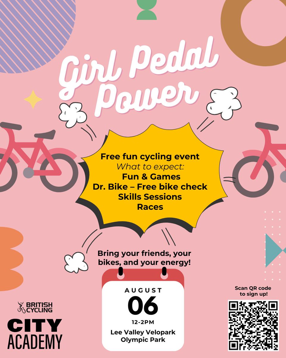 Get cycling with Girl Pedal Power 🚲

Join <a href="/BritishCycling/">British Cycling</a> at <a href="/LeeValleyVP/">Lee Valley VeloPark</a> for an event celebrating the power of female cyclists! Bring your bike. If you don't have one, you can borrow one. 

📅 Wed 6 Aug 
🕐 12-2pm 

Open to women and girls aged 8+. 

orlo.uk/2197V