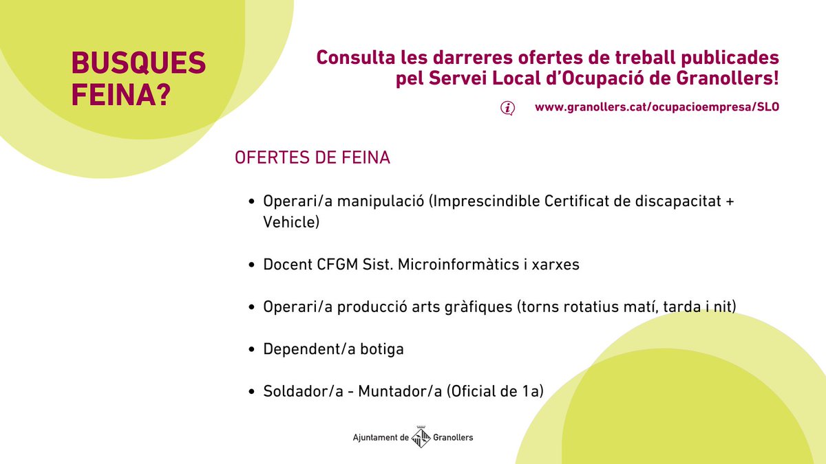 🔎 Busques feina? 
➡️ Consulta les darreres ofertes de treball publicades pel Servei Local d'Ocupació de Granollers! 
ℹ️: bit.ly/ofertesfeinaSLO