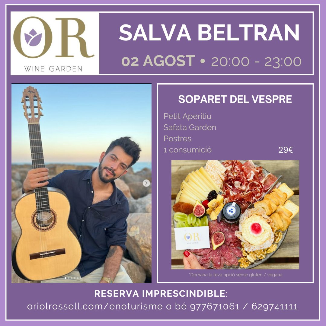 El pròxim dissabte 02 d'agost al #winegardenoriolrossell torna la música en directe amb el Salva Beltran, un habitual ja del nostre Wine Bar.

Reserva imprescindible a través de la nostra web oriolrossell.com/botiga/sin-cat…