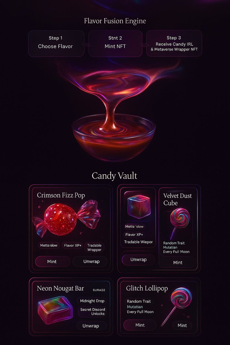 MosaicDesigns06's tweet photo. π¬ Just dropped: SugarChain β a futuristic Web3 candy brand where hyperreal sweets meet on-chain flavor NFTs.
Own. Taste. Mint.
#Web3Design #CandyNFT #UXUI #CryptoBrands #FuturisticUI #DarkModeDesign https://t.co/HMTxI2hTTP