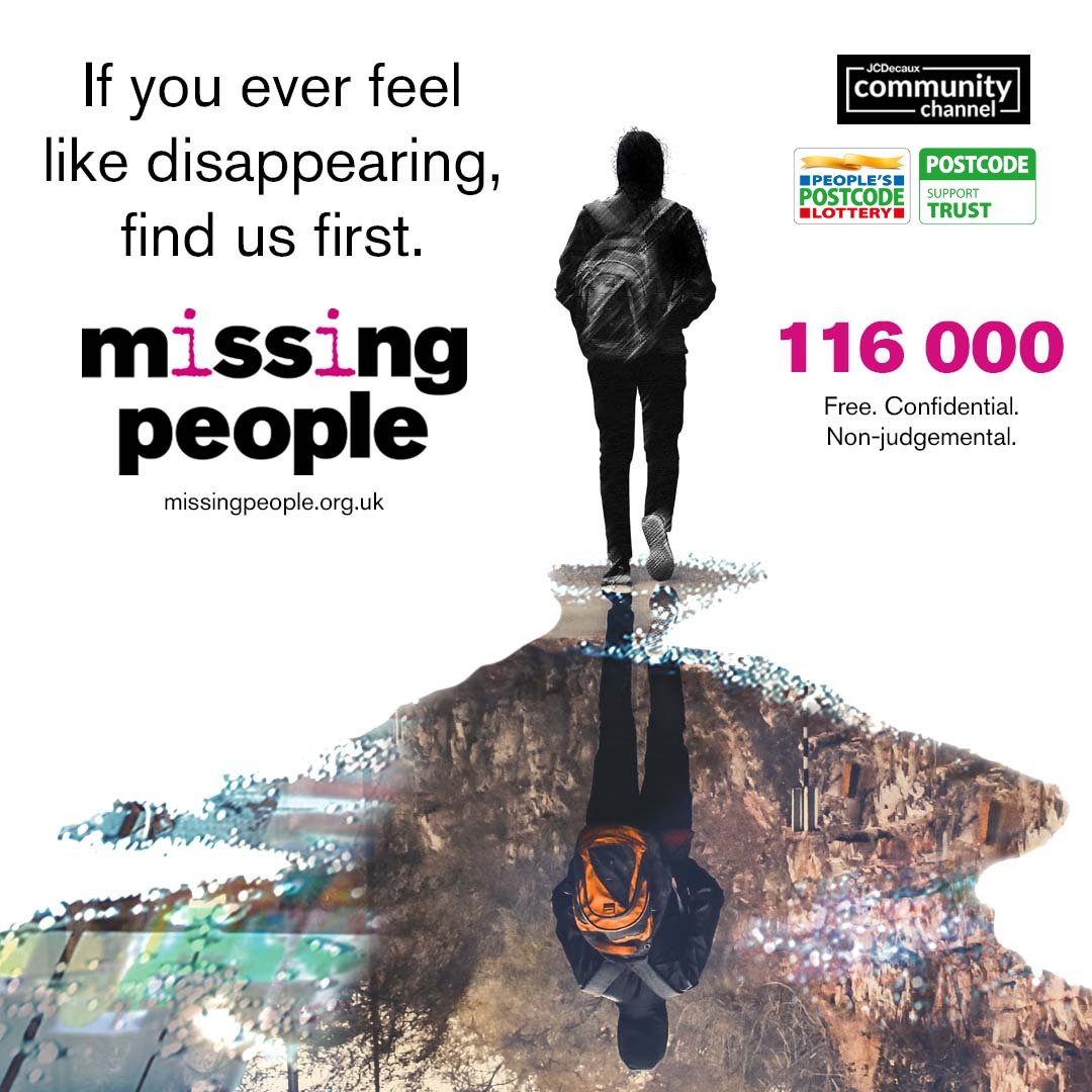 Missing People (@missingpeople) on Twitter photo You don't have to already be away from home to use our services. If you're thinking of going missing, we're here for you.
Call/text 11600 or email 116000@missingpeople.org.uk, every day from 9am-11pm. Or use our Online Chat service, 7 days a week, 2:30pm - 9:30pm. You don't have to already be away from home to use our services. If you're thinking of going missing, we're here for you.
Call/text 11600 or email 116000@missingpeople.org.uk, every day from 9am-11pm. Or use our Online Chat service, 7 days a week, 2:30pm - 9:30pm.