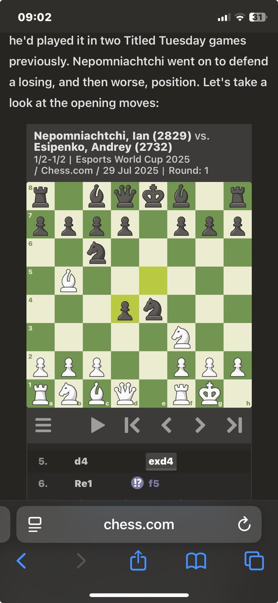 Ganz was Neues im Berliner Spanisch von Jessipenko: 5….exd4 (statt 5…Sd6) 6 Te1 f5 7 Sxd4 Sxd4 8.Dxd4 c6 9.Ld3 (9 f3!?, 9.Sc3!?) 9…Kf7, und Schwarz ist dank Läuferpaar im Vorteil!