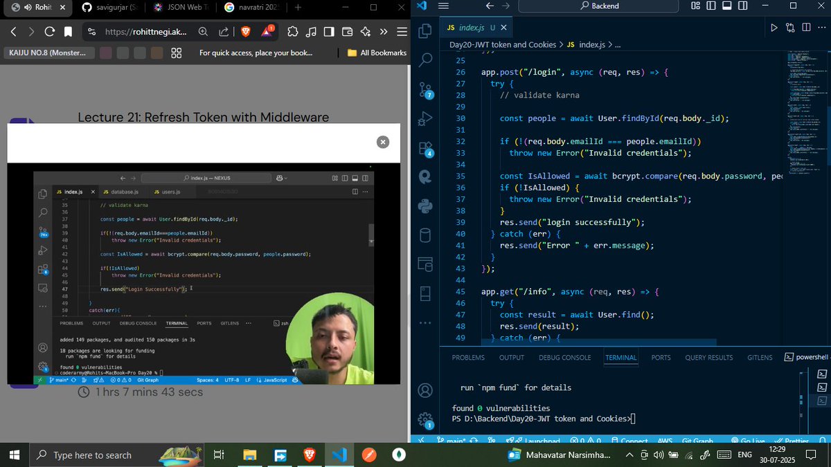 savita_gurjar30's tweet image. Topic: Backend
@rohit_negi9 
Lecture 20 JWT token and Cookies
📂 GitHub Repo: github.com/savigurjar/Bac…
#JWTAuthentication #TokenBasedAuth #SecureCookies #ExpressMiddleware #UserAuth #NodeJSBackend #MongooseModels #RohitBhaiya #CoderArmy #WebSecurity #ExpressJS