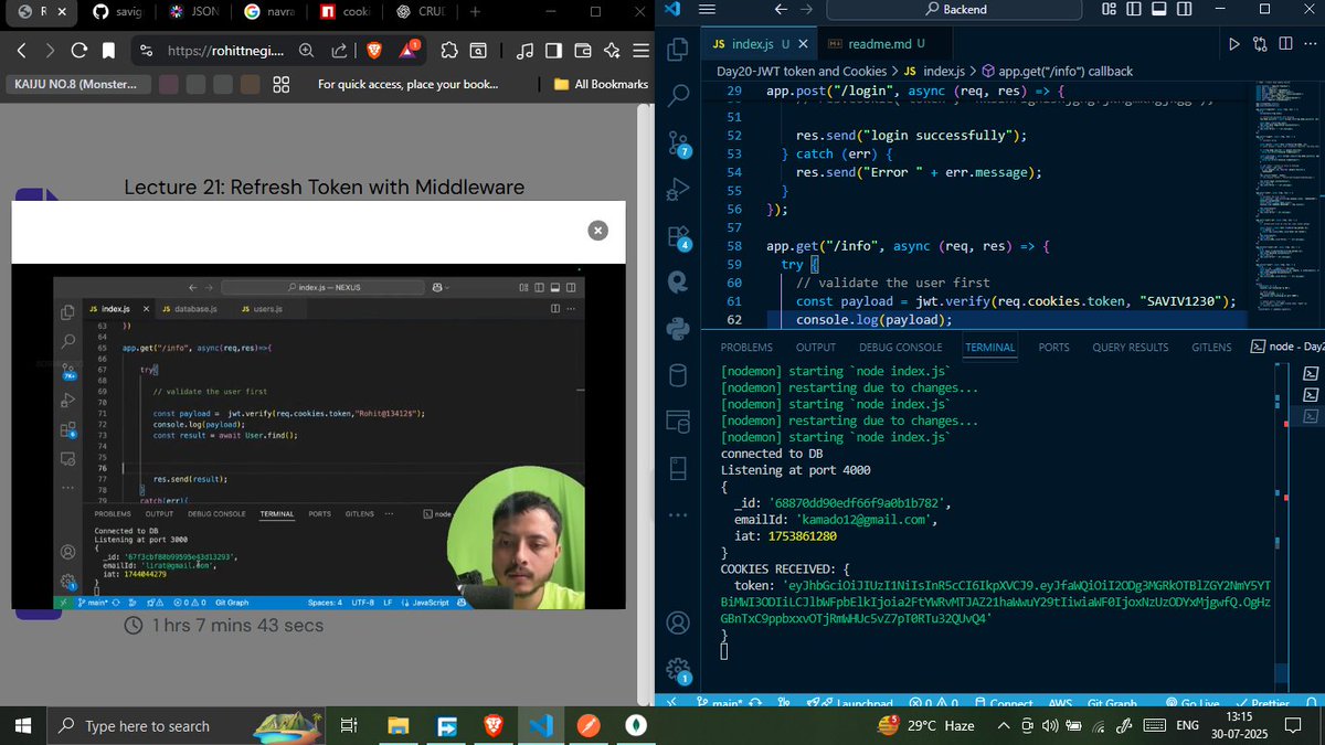 savita_gurjar30's tweet image. Topic: Backend
@rohit_negi9 
Lecture 20 JWT token and Cookies
📂 GitHub Repo: github.com/savigurjar/Bac…
#JWTAuthentication #TokenBasedAuth #SecureCookies #ExpressMiddleware #UserAuth #NodeJSBackend #MongooseModels #RohitBhaiya #CoderArmy #WebSecurity #ExpressJS