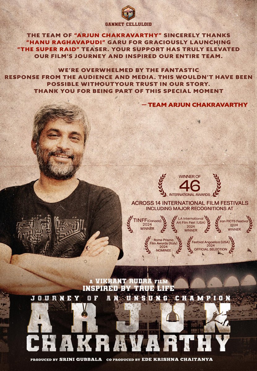 Team #ArjunChakravarthy heartfully thanks blockbuster director <a href="/hanurpudi/">Hanu Raghavapudi</a> garu for graciously launching #TheSuperRaid ❤️‍🔥❤️‍🔥❤️‍🔥

They also extends their deepest gratitude to the media and audience for the overwhelming support and love🙏🏻

ICYMI, Watch the soul-stirring