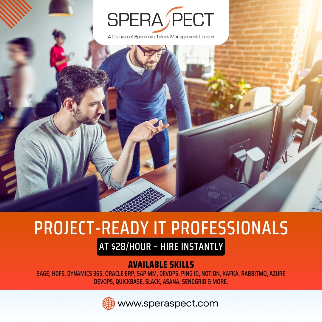 Project-ready IT professionals available now. Skilled in development, cloud, and data. Ideal for short-term or project-based needs. Immediate start. speraspect.com

#ProjectReady #ITProfessionals #TechTalent #ImmediateHiring #OnDemandDevelopers #ITStaffing #Speraspect