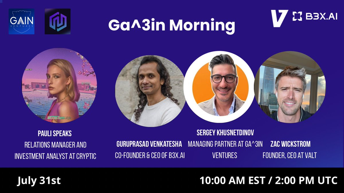 B3X.AI (@b3xai) on Twitter photo Join us for the spaces tomorrow with Co-founder & CEO <a href="/Guru_BCUBE/">Guruprasad Venkatesha</a> of <a href="/b3xai/">B3X.AI</a>, hosted by <a href="/GainVentures/">Ga^3in Ventures</a>, to learn more about the next big thing that b3x is building & why it is a game changer for the DeFi!
Date & Time: 31st July at 4pm CEST
Link: x.com/i/spaces/1jMJg… Join us for the spaces tomorrow with Co-founder & CEO <a href="/Guru_BCUBE/">Guruprasad Venkatesha</a> of <a href="/b3xai/">B3X.AI</a>, hosted by <a href="/GainVentures/">Ga^3in Ventures</a>, to learn more about the next big thing that b3x is building & why it is a game changer for the DeFi!
Date & Time: 31st July at 4pm CEST
Link: x.com/i/spaces/1jMJg…